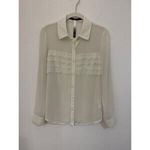 Kensie Scalloped Sheer Button Front Blouse Cream Long Sleeve Size Small